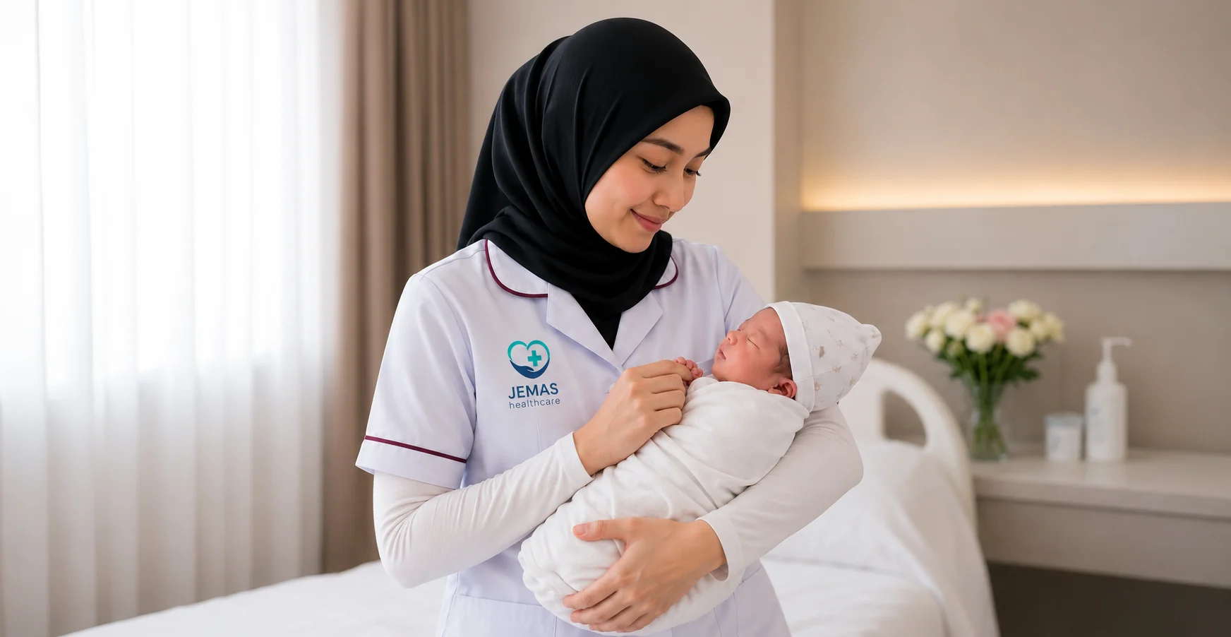 Jemas nurse helping a mother hold her newborn at home